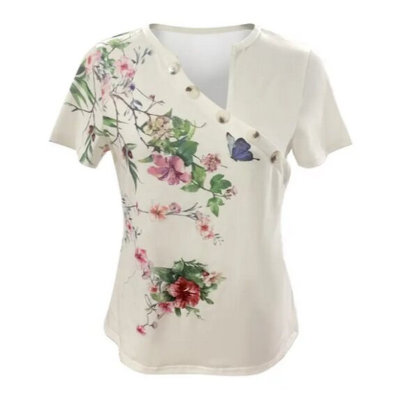 Floral Pink with Green Leaves Print Button Decor Slant V Neck T-Shirt Size L NIB - Picture 2 of 3